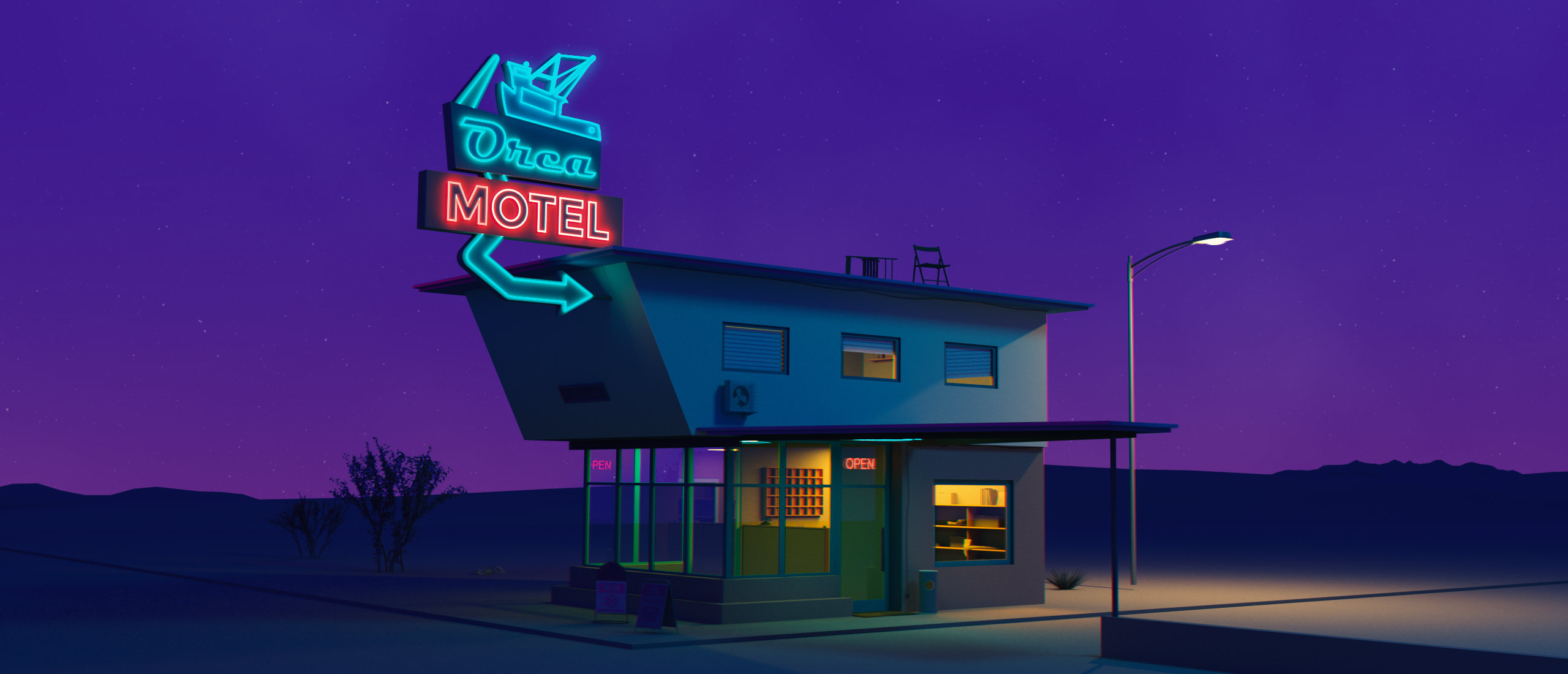 ilustración 3d nocturna de un motel de carretera